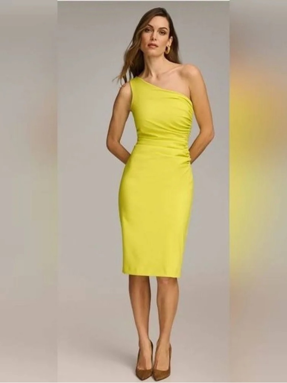 DONNA KARAN Ruched One-Shoulder Butter Yellow Sheath Dress